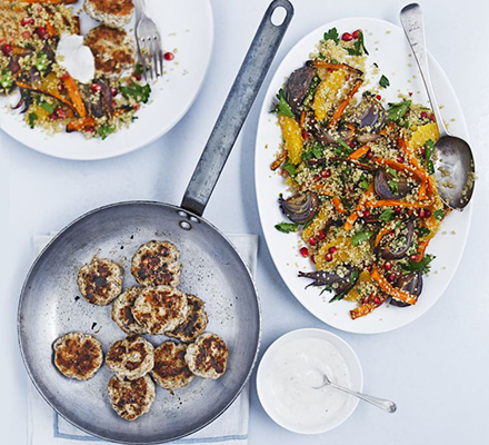 Spiced turkey patties with fruity quinoa salad