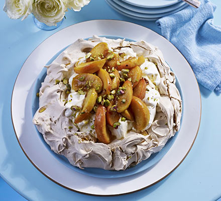 Honeyed peach & pistachio Pavlova