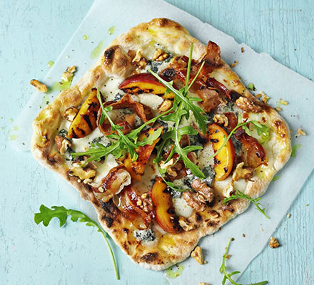 Blue cheese & pancetta pizza with grilled peaches