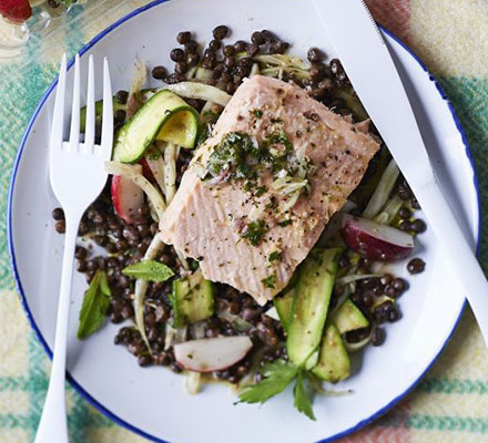 Poached salmon with courgette & lentil salad & lemon relish