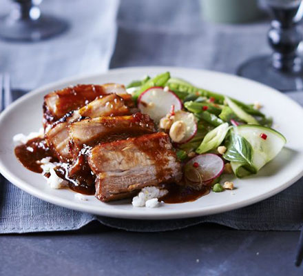 Sticky pork belly with Vietnamese-style salad & smashed peanuts