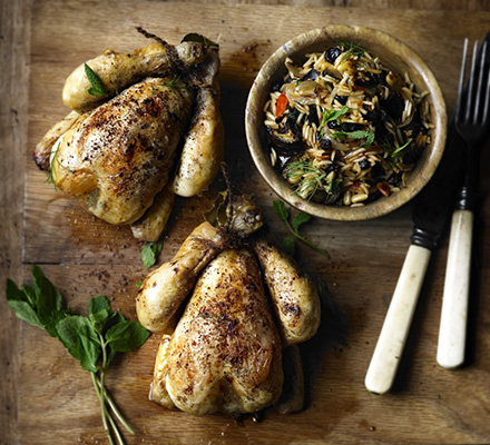 Lebanese poussin with spiced aubergine pilaf