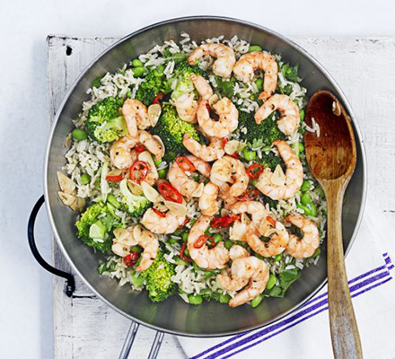 Miso brown rice & broccoli salad with fiery prawns