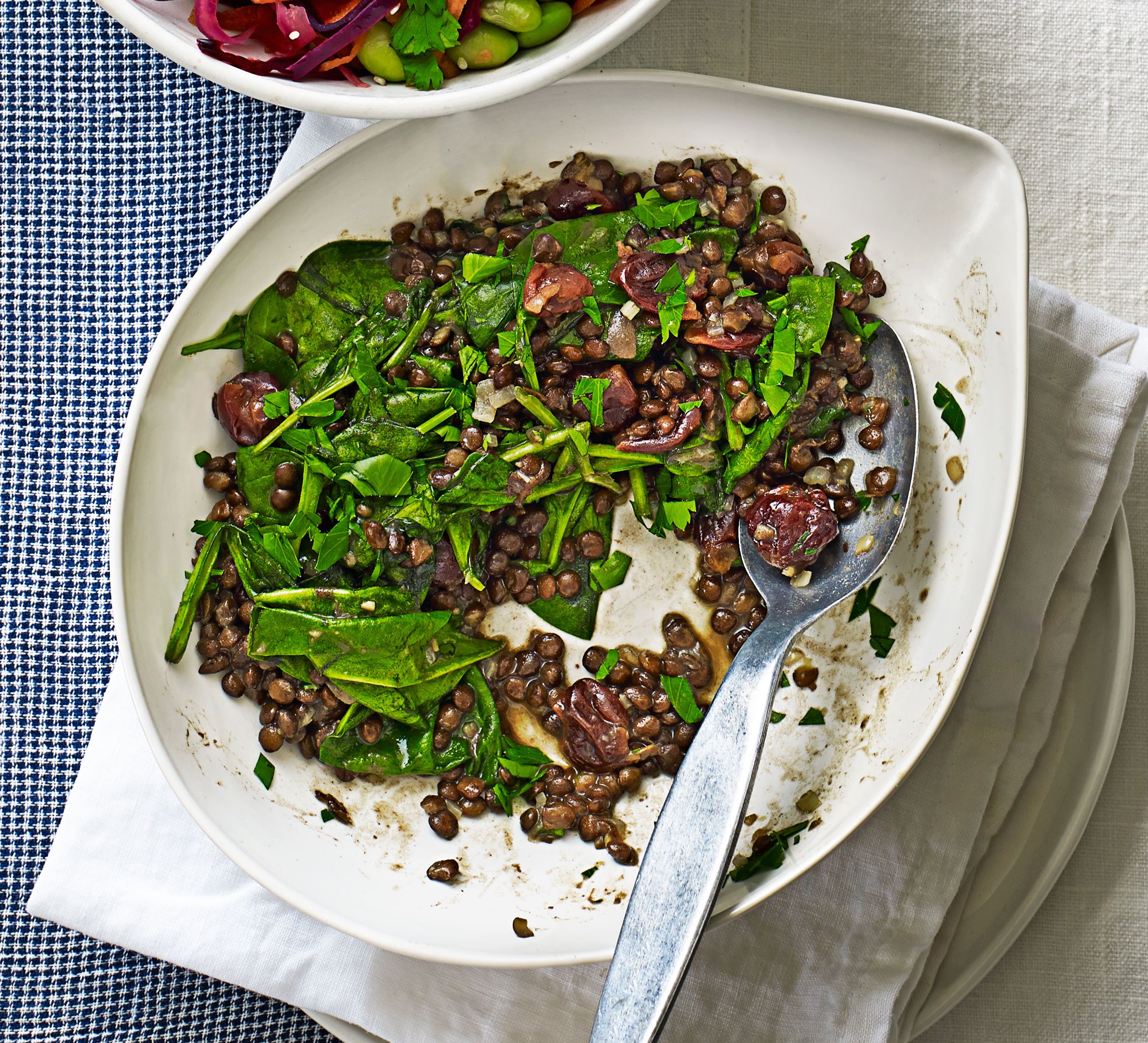 Puy lentils with spinach & sour cherries