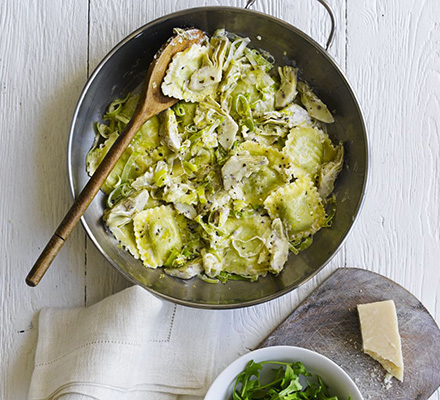 Ravioli with artichokes, leek & lemon