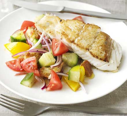 Gazpacho salad with crispy pollock