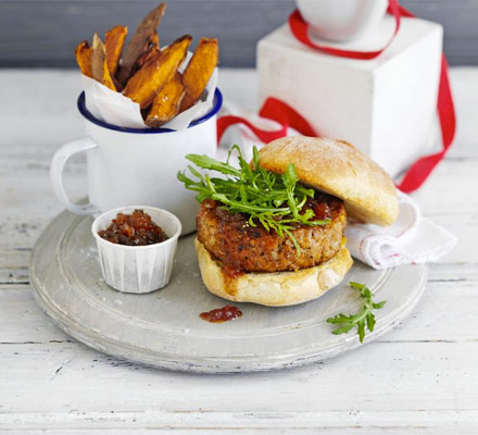 Homemade burgers with sweet potato wedges