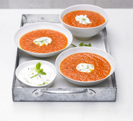 Spicy pepper & tomato soup with cucumber yogurt
