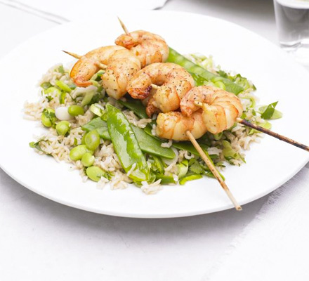 Miso prawn skewers with veggie rice salad