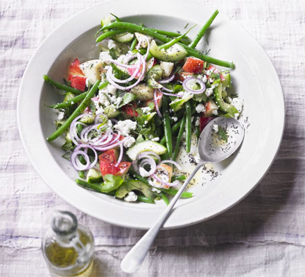 Herby feta & nectarine salad with lemon poppy seed dressing