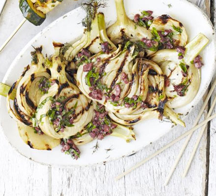 Barbecued fennel with black olive dressing