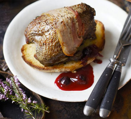 Roast grouse with blackcurrant & beetroot sauce