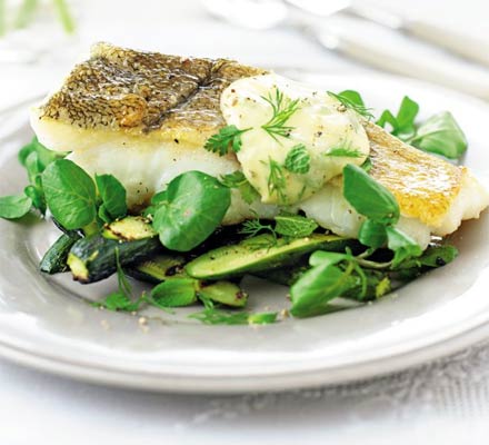 Courgette & watercress salad with grilled fish & herbed aïoli