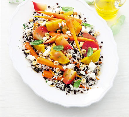 Lentil rice salad with beetroot & feta dressing