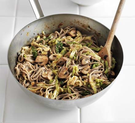 Black bean soba noodles with mushrooms & cabbage