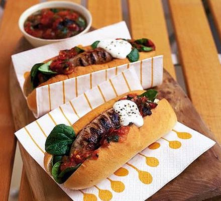 Cumberland hot dogs with charred tomato salsa