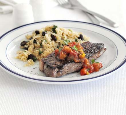 Steak with spiced rice & beans