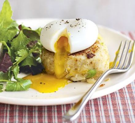Spicy smoked fish cakes with herb salad & eggs