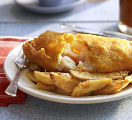 Golden beer-battered fish with chips