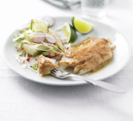 Miso pollock with cucumber & spring onion salad