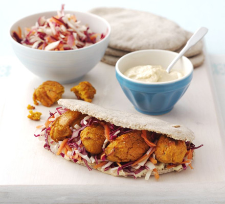 Sweet potato falafels with coleslaw