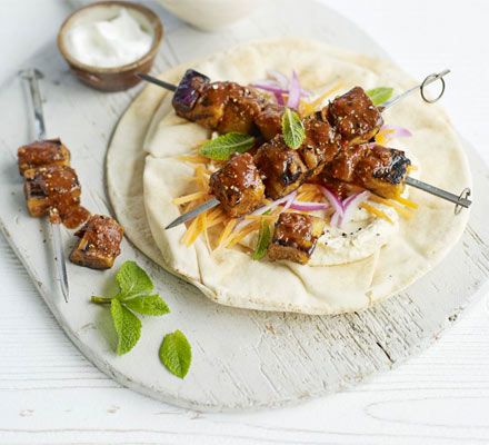 Harissa aubergine kebabs with minty carrot salad