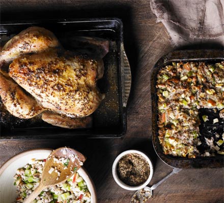 Mustard-glazed roast chicken with Waldorf stuffing