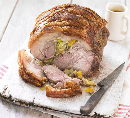 Slow-roasted pork shoulder with leeks, apricots & thyme