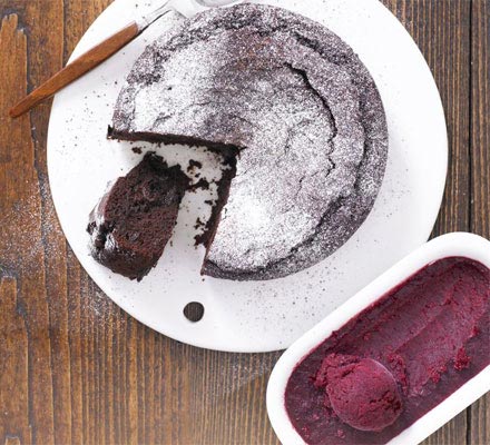 Choc-cherry fudge torte with cherry sorbet