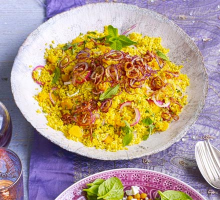 Golden couscous with apricots & crispy onions