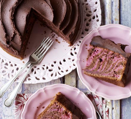 Chocolate & raspberry zebra cake