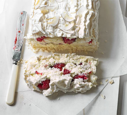 Coconut, raspberry & lime meringue slice