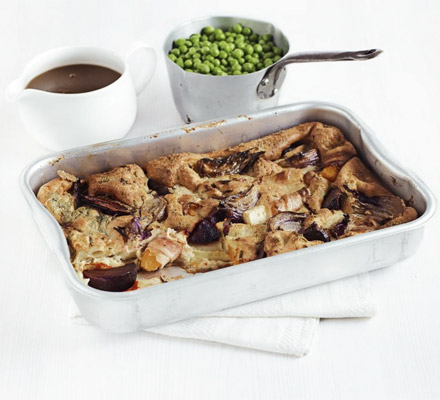 Root veg & pancetta toad-in-the-hole with onion gravy