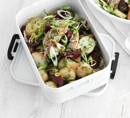 Mackerel & potato salad with lemon caraway dressing