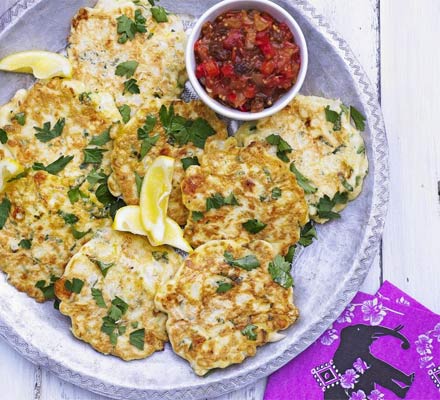 Cauliflower & cheese fritters with warm pepper relish