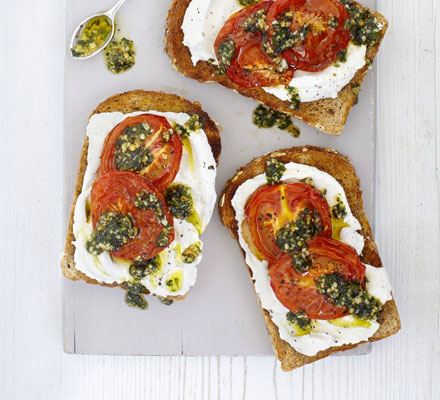 Tartines with roasted tomatoes & mint pesto