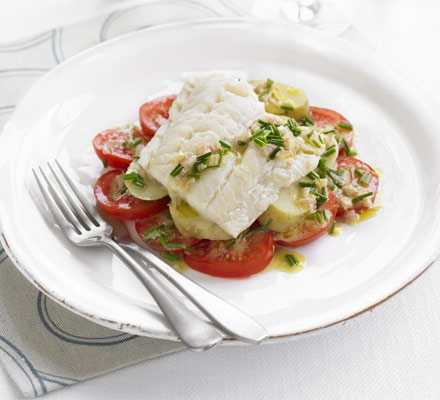 Smoked haddock with tomatoes & chive dressing