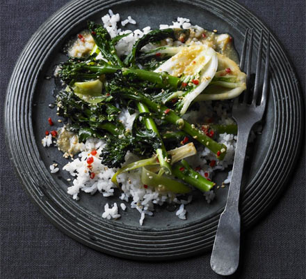 Saucy Japanese greens with sticky sesame rice