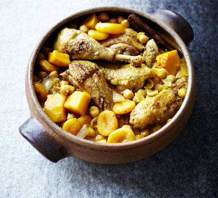 Guinea fowl tagine with chickpeas, squash & apricots