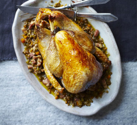 Pot-roast guinea fowl with lentils, Sherry & bacon