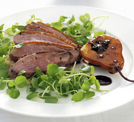 Pan-fried duck breast with creamed cabbage, chestnuts & caramelised pear