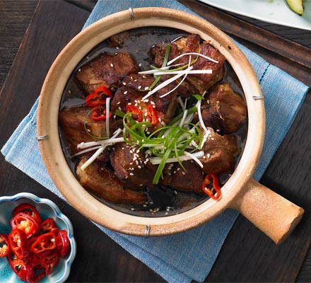 Red braised ginger pork belly with pickled chillies