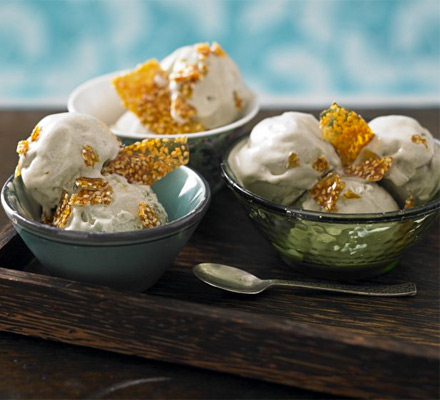 Green tea frozen yogurt with sesame brittle shards