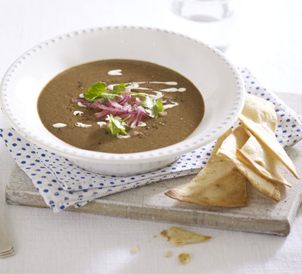Chipotle black bean soup with lime-pickled onions
