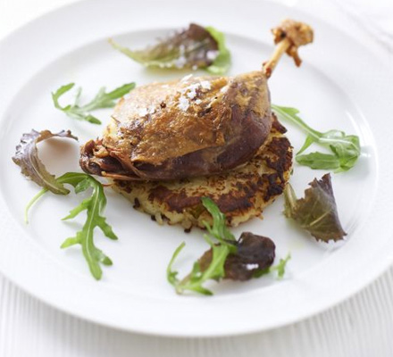 Confit of duck with herbed potato cakes