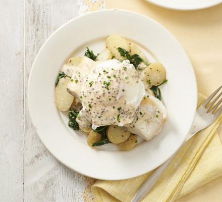 Smoked haddock with buttered spinach & mustard sauce