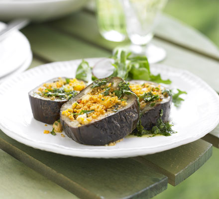 Aubergine with spicy apricot tabbouleh