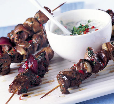 Mary’s chilli lamb skewers with minted yogurt cooler