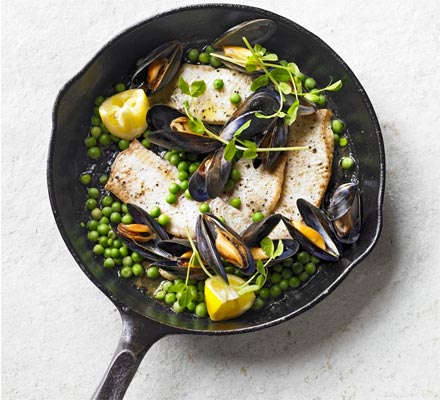 Brown butter sole with peas & mussels