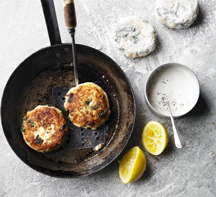 Crushed new potato fish cakes with horseradish mayonnaise